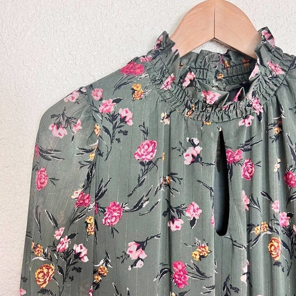 Drew Womens Green Floral Chiffon Dress Small Smocked Ruffle Lined Keyhole NWT - Picture 6 of 12